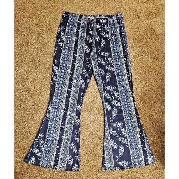 Blue & White Boho Festival Hippie Flare Pants Retro Stripe & Floral Print Sz XXL - Picture 3 of 8